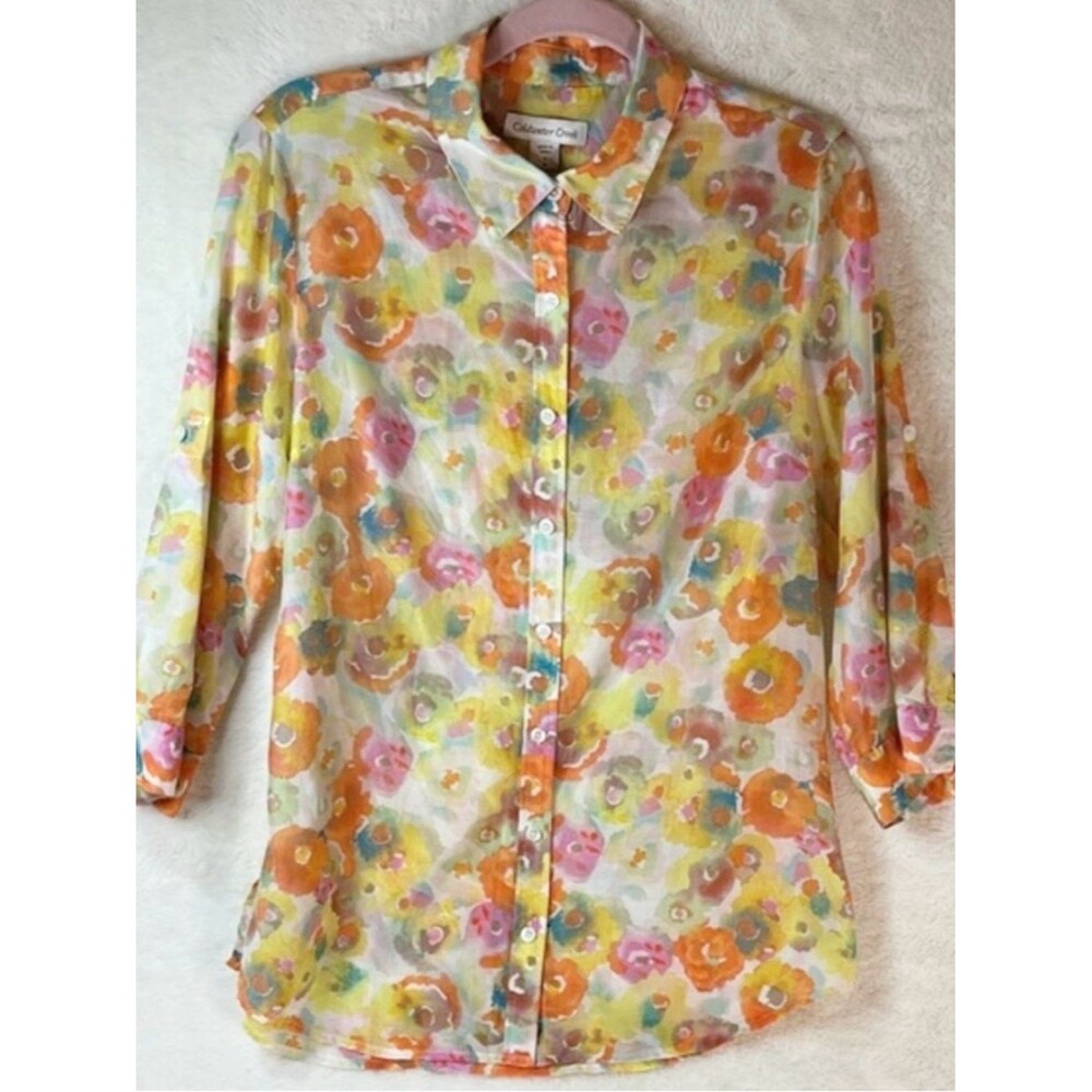 Coldwater Creek Watercolor Floral Silk Blend Blouse | 3/4 Roll Sleeve | Size 8